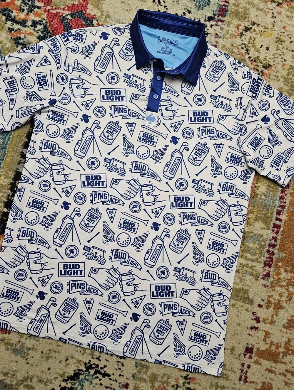Pins & Aces Bud Light Crispy Boys Golf Polo Mens Large White Blue All Over Print